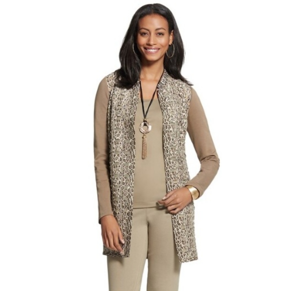 Chico's Size 3 Leopard Duster Blazer Jacket Cardigan Open Front Soft Taupe